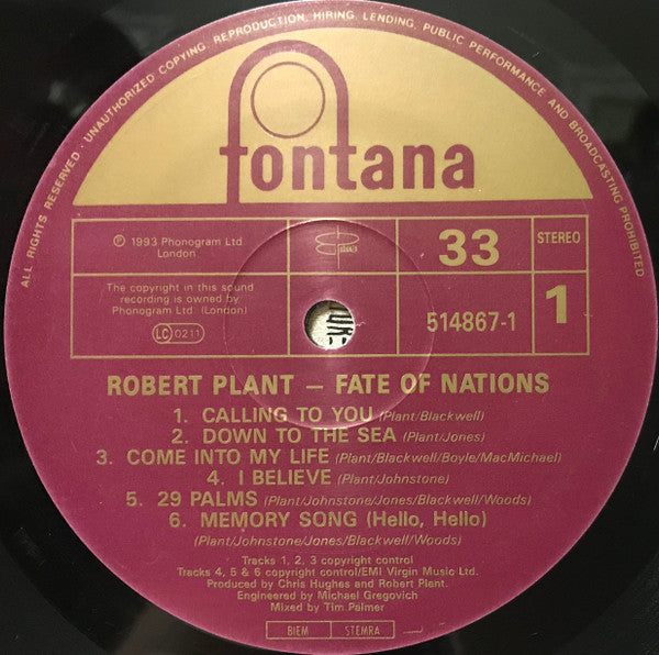 Robert Plant – Fate Of Nations ( Second Hand - Cover VG  Vinyl VG ) - The Vault Collective ltd