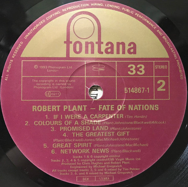 Robert Plant – Fate Of Nations ( Second Hand - Cover VG  Vinyl VG ) - The Vault Collective ltd